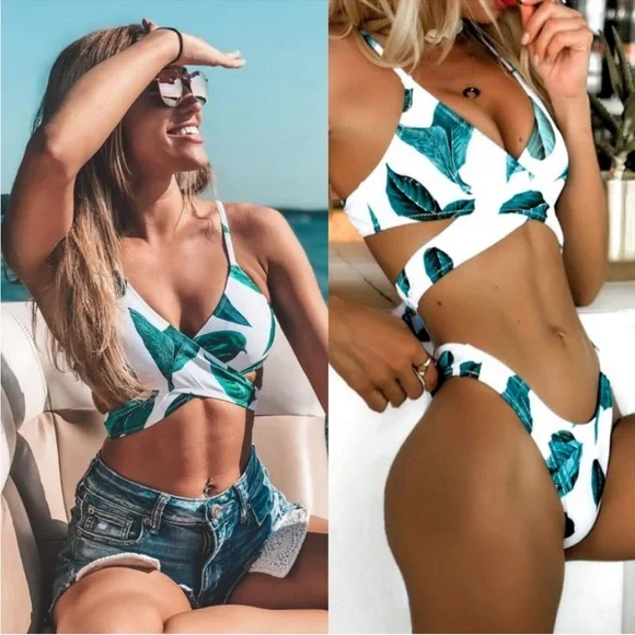 CUPSHE Fresh Leaves 2 Piece Bikini Wrap White & Green - Picture 1 of 6